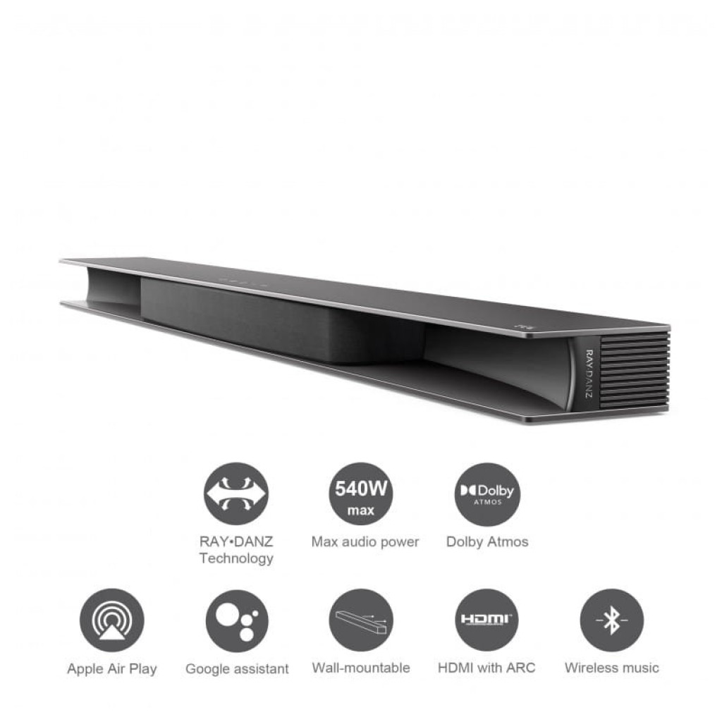 Barra de sonido TCL TS9030 RAY·DANZ Series Titanio 3.1, diseño gris con ranuras laterales, frontal abierto y controles laterales; logos Dolby Atmos y 540W