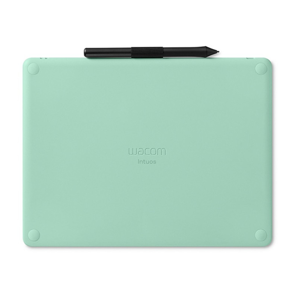 Mesa digitalizadora Wacom Intuos Comfort BT tamanho S cor pistache com superfície lisa, cantos arredondados, quatro pés antiderrapantes e caneta preta inclusa