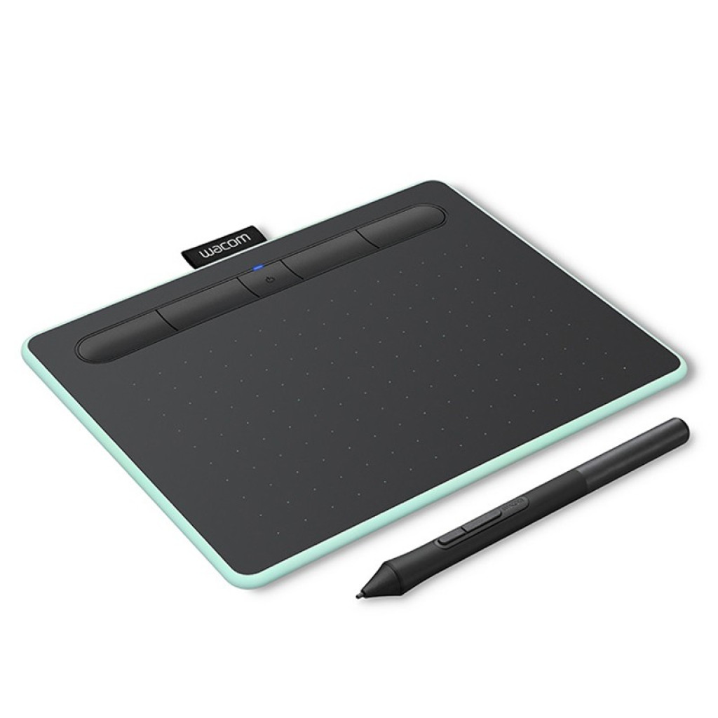 Mesa digitalizadora Wacom Intuos Comfort BT S Pistache com superfície preta pontilhada, quatro botões, LED azul e caneta sensível com botões laterais