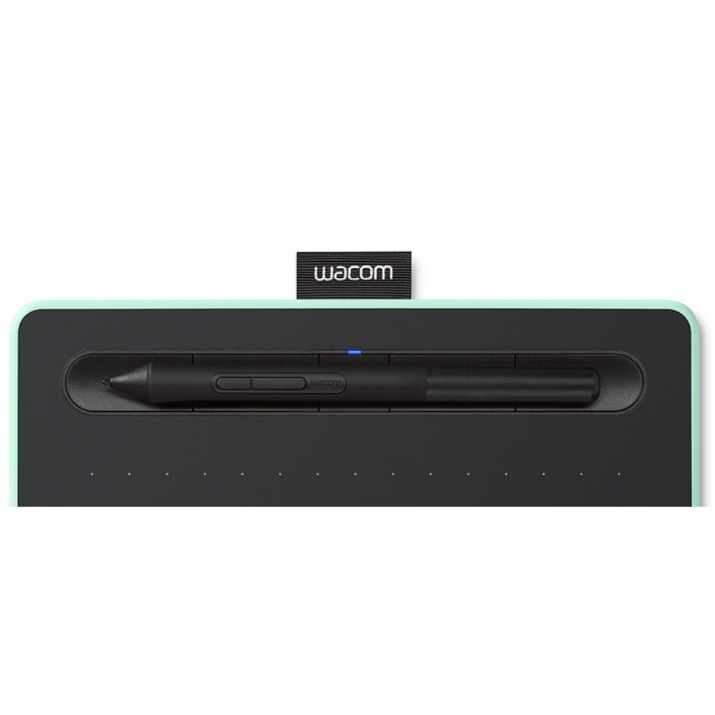 Mesa digitalizadora Wacom Intuos Comfort BT S Pistache com borda verde menta, superfície preta pontilhada e caneta preta encaixada no suporte central