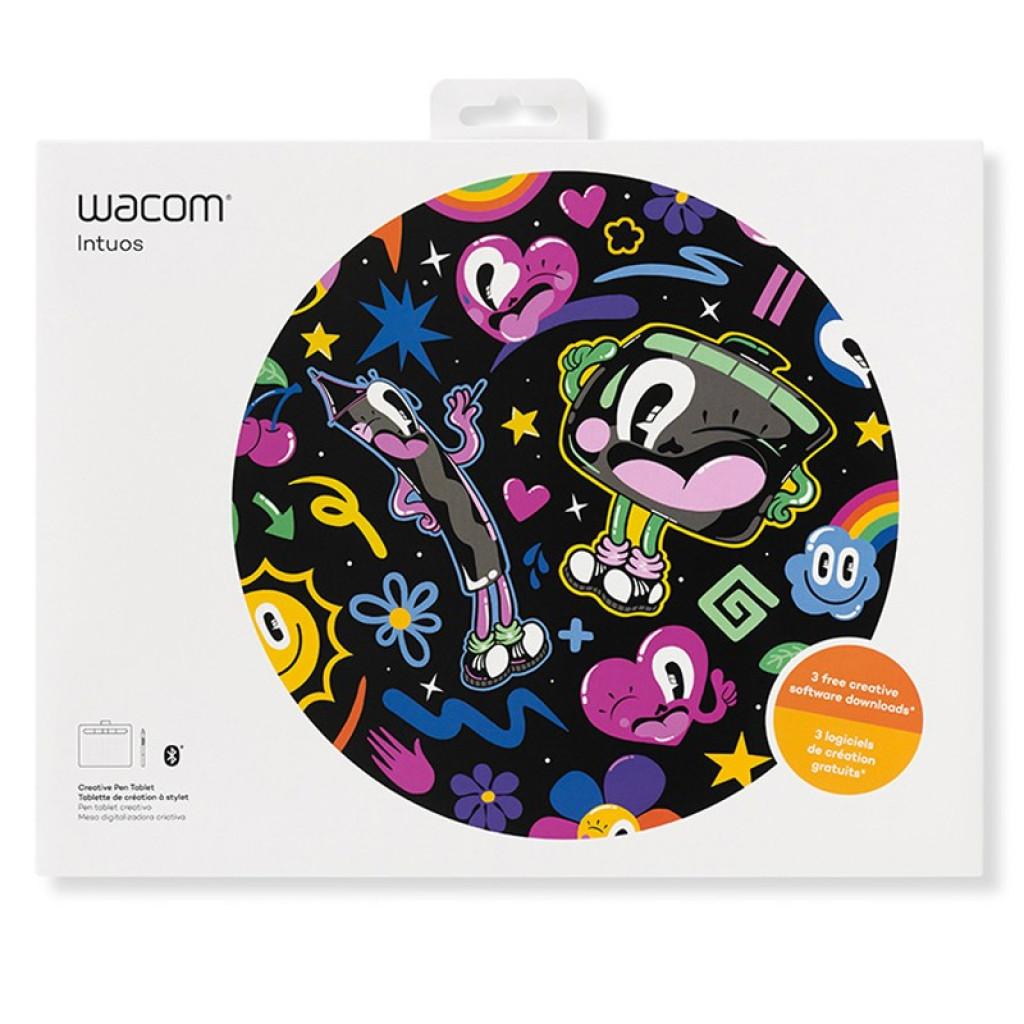 Mesa digitalizadora Wacom Intuos Comfort BT tamanho S pistache, com caneta, superfície sensível e embalagem com ilustrações coloridas e selo de apps grátis