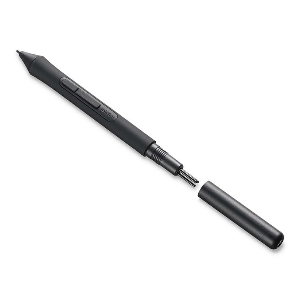 Caneta Wacom preta com ponta fina, dois botões laterais e tampa removível, design ergonômico para precisão em desenho e edição