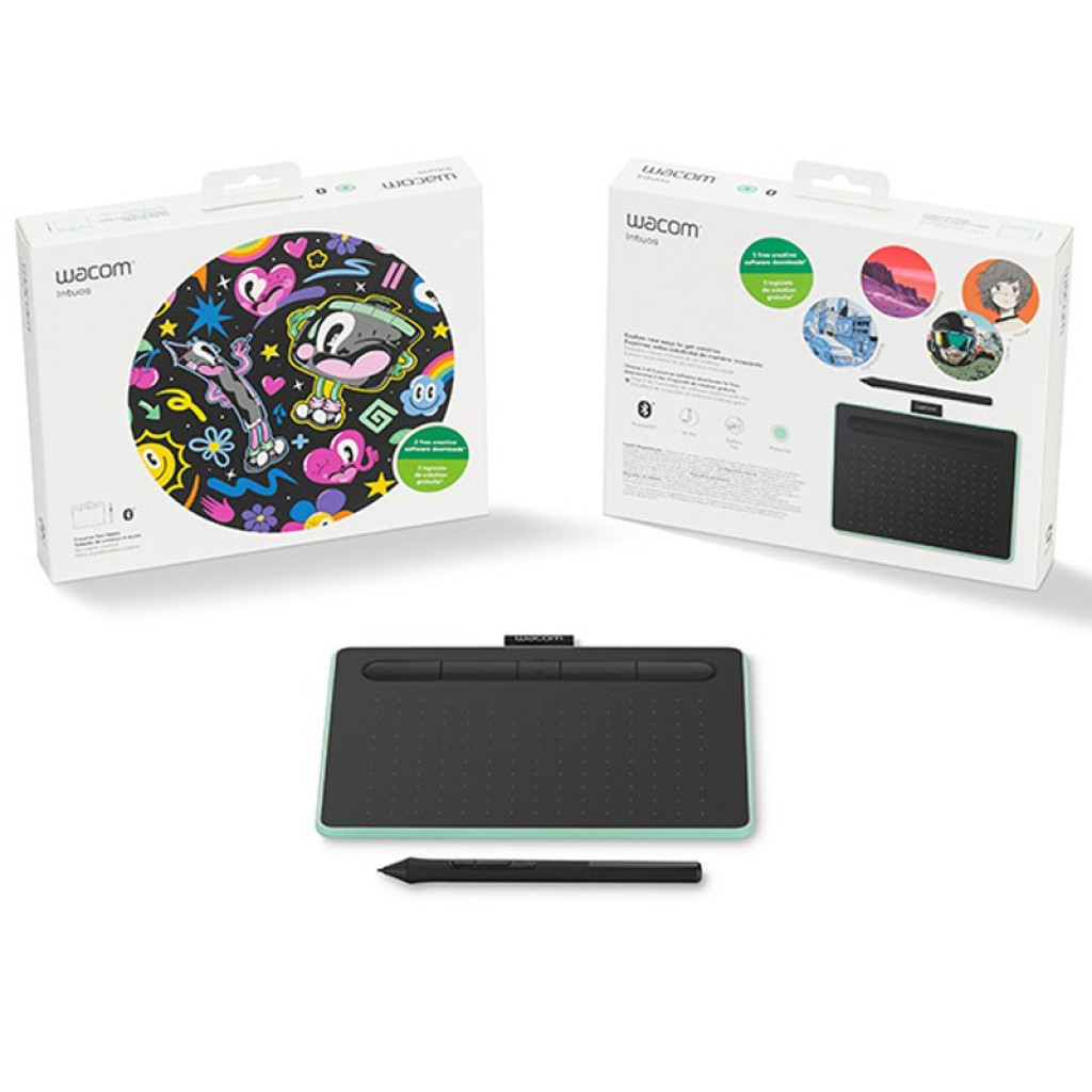 Mesa digitalizadora Wacom Intuos Comfort BT S cor pistache, superfície preta com pontos, caneta sem cabo incluída, embalagem destacando arte e recursos