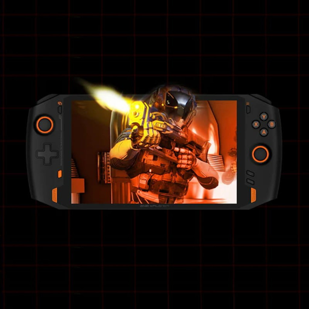 Consola portátil Onexplayer 8,4 pulgadas negra con acentos naranjas, pantalla encendida mostrando juego de acción, botones integrados y agarres ergonómicos