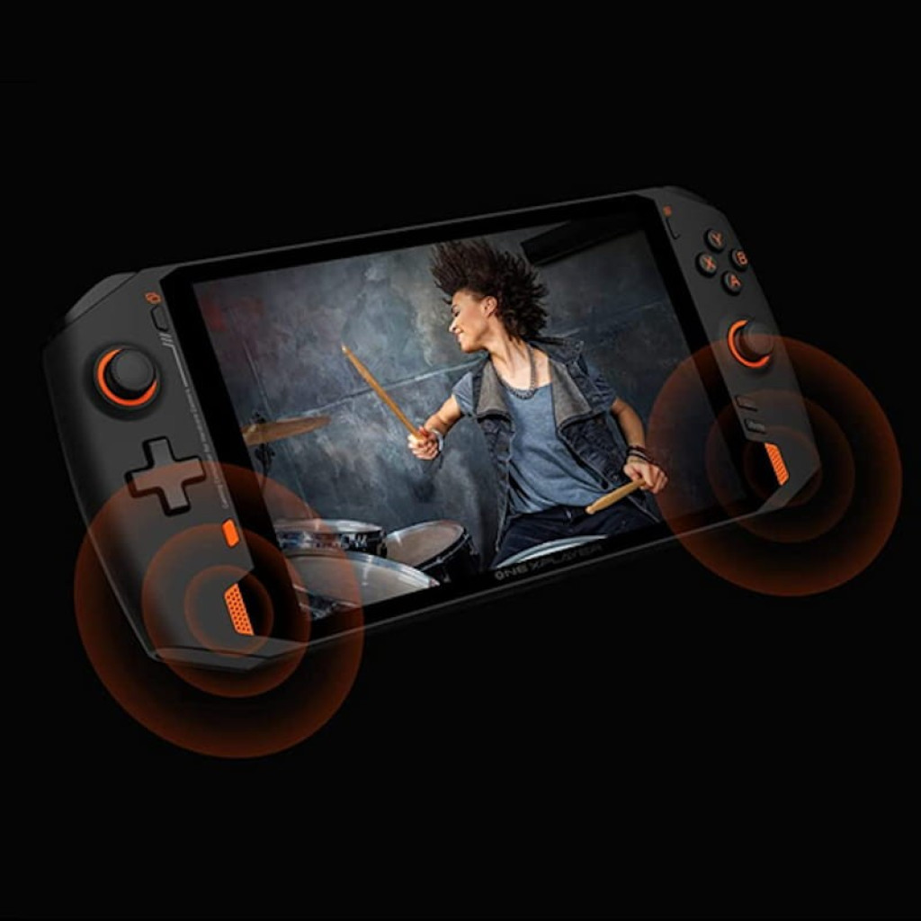 Consola portátil Onexplayer 8,4 pulgadas con joysticks duales, cruceta y botones naranjas, altavoces frontales y gran pantalla con biseles delgados