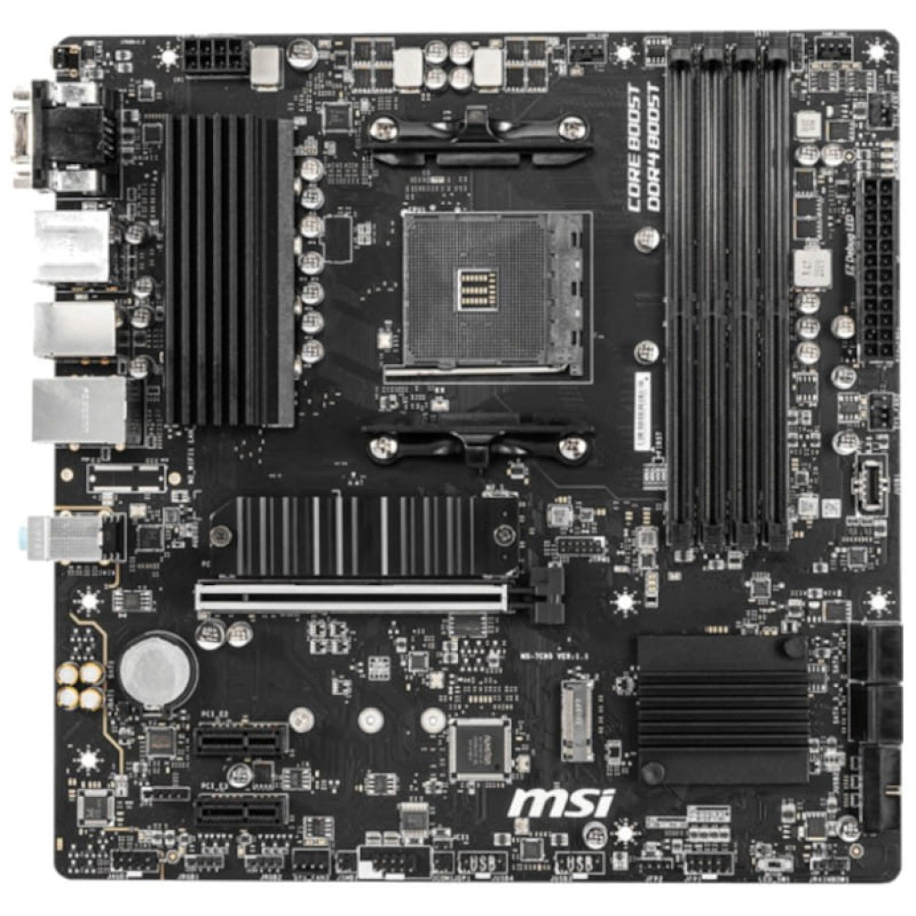 MSI B550M PRO-VDH micro ATX placa-mãe preta com soquete AM4, 4 slots de RAM, dissipadores pretos, PCIe x16 reforçado e portas traseiras variadas sem selo