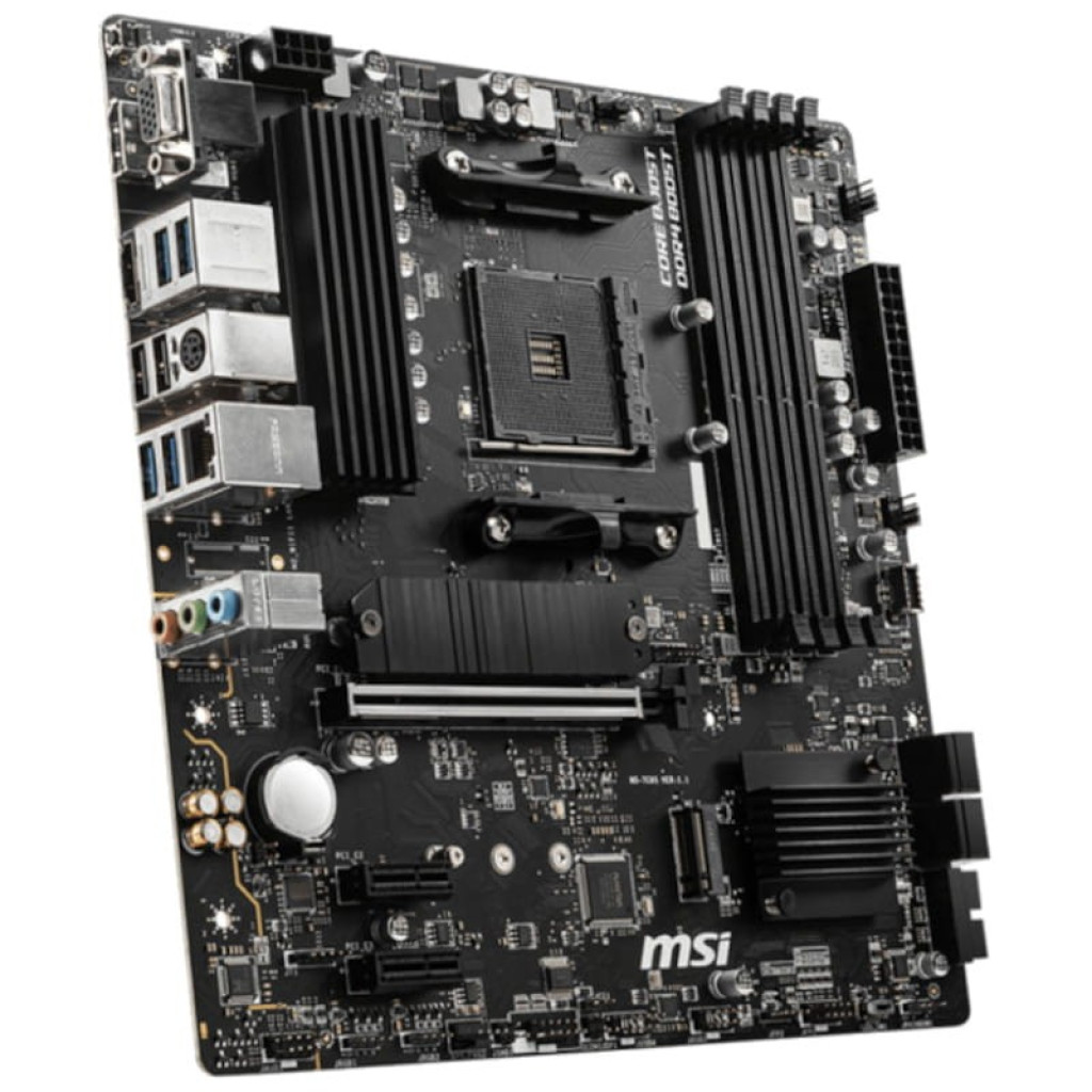 MSI B550M PRO-VDH micro ATX sem selo, placa-mãe preta com soquete AM4, dissipadores de calor robustos, 4 slots DDR4, múltiplas portas USB e PCIe x16