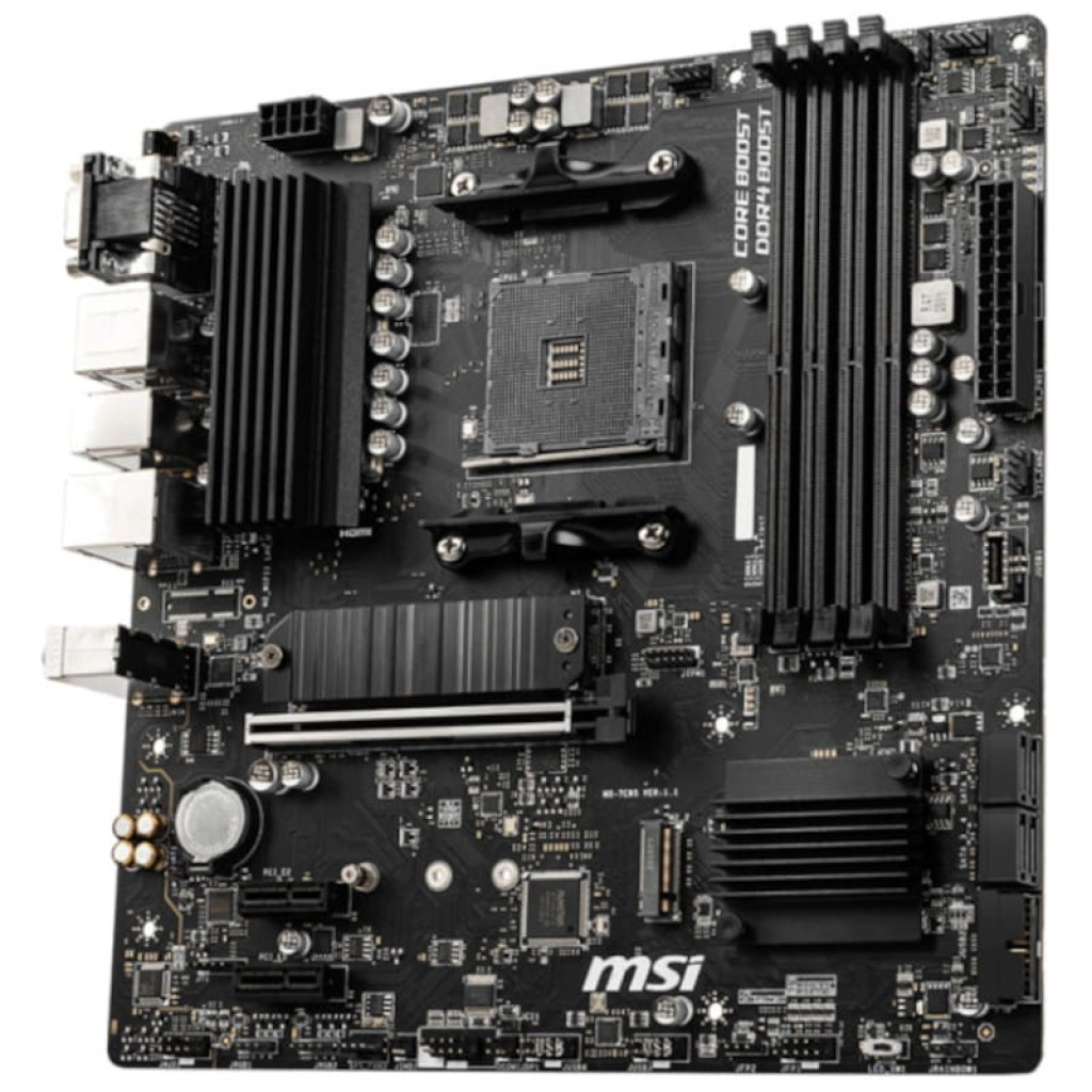 MSI B550M PRO-VDH micro ATX sem selo com soquete AM4, 4 slots DDR4, dissipadores robustos, PCIe x16 reforçado, múltiplas USB e portas de áudio e rede