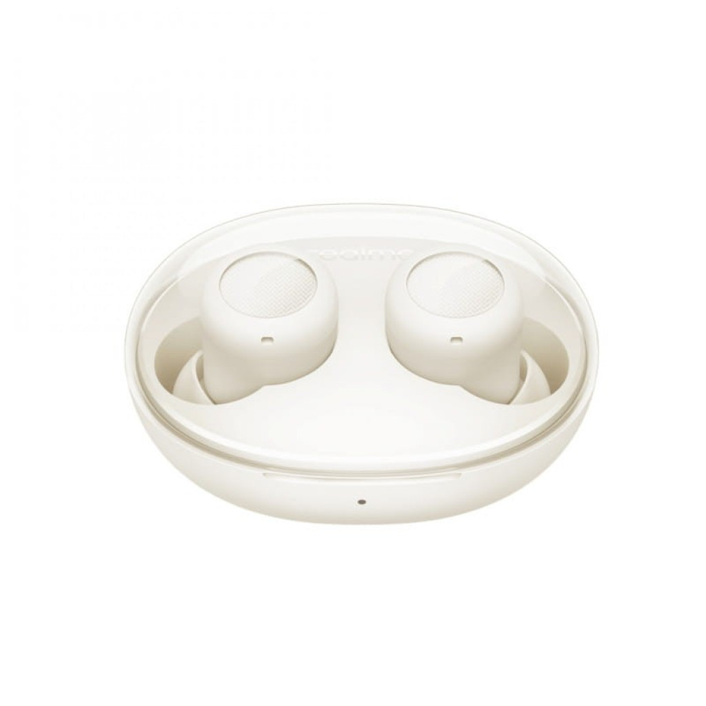Estuche ovalado blanco con tapa transparente y dos auriculares in ear compactos realme Buds Q2s Blanco, acabado brillante, estado desprecintado