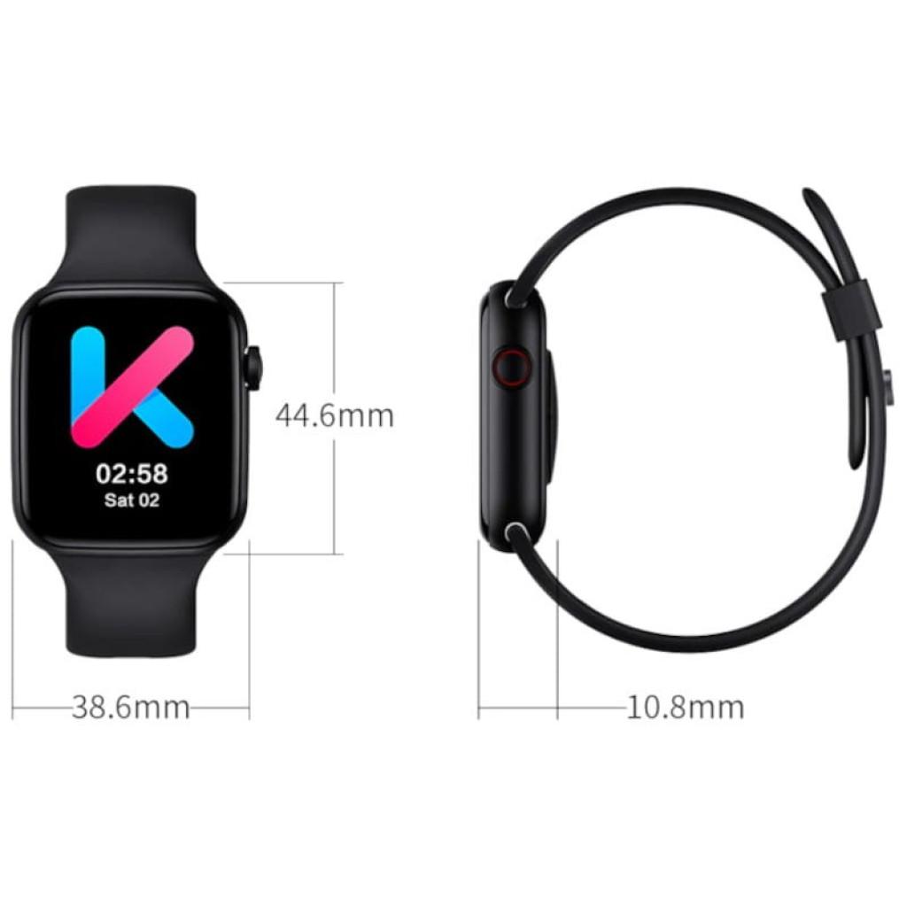 Kumi KU2 Pro Negro Smartwatch desprecintado con pantalla rectangular, correa de silicona, grosor 10.8 mm, ancho 38.6 mm, alto 44.6 mm, botón lateral rojo
