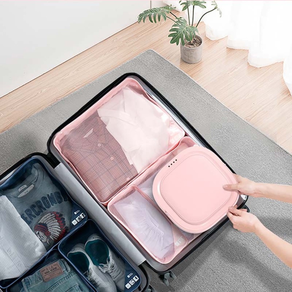 Mini Lavadora portátil Moyu XPB08-F1 Rosa Desprecintado, compacta y plegable, cabe en maleta con organizadores; ideal para viajes y prendas delicadas