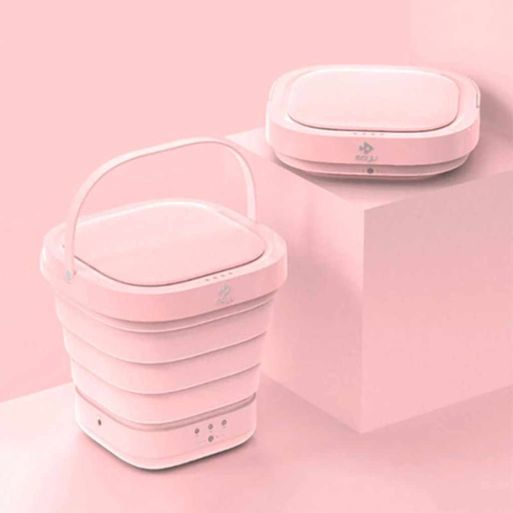 Mini lavadora portátil Moyu XPB08-F1 rosa, plegable tipo cubo con tapa y asa. Dos módulos mostrados, diseño compacto y botones frontales. Desprecintado