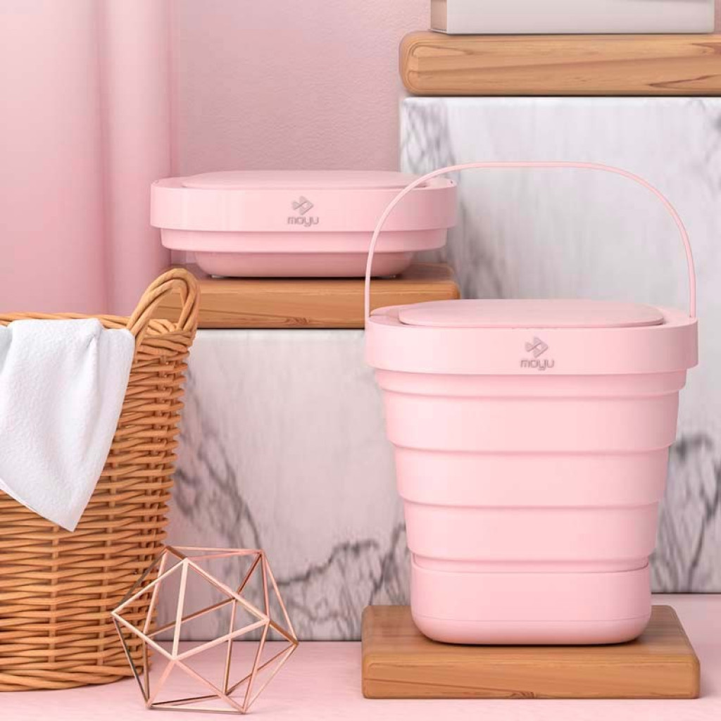 Mini Lavadora portátil Moyu XPB08-F1 Rosa - Desprecintado, diseño plegable tipo cubo con asa, compacta y ligera, ideal para espacios pequeños y viajes