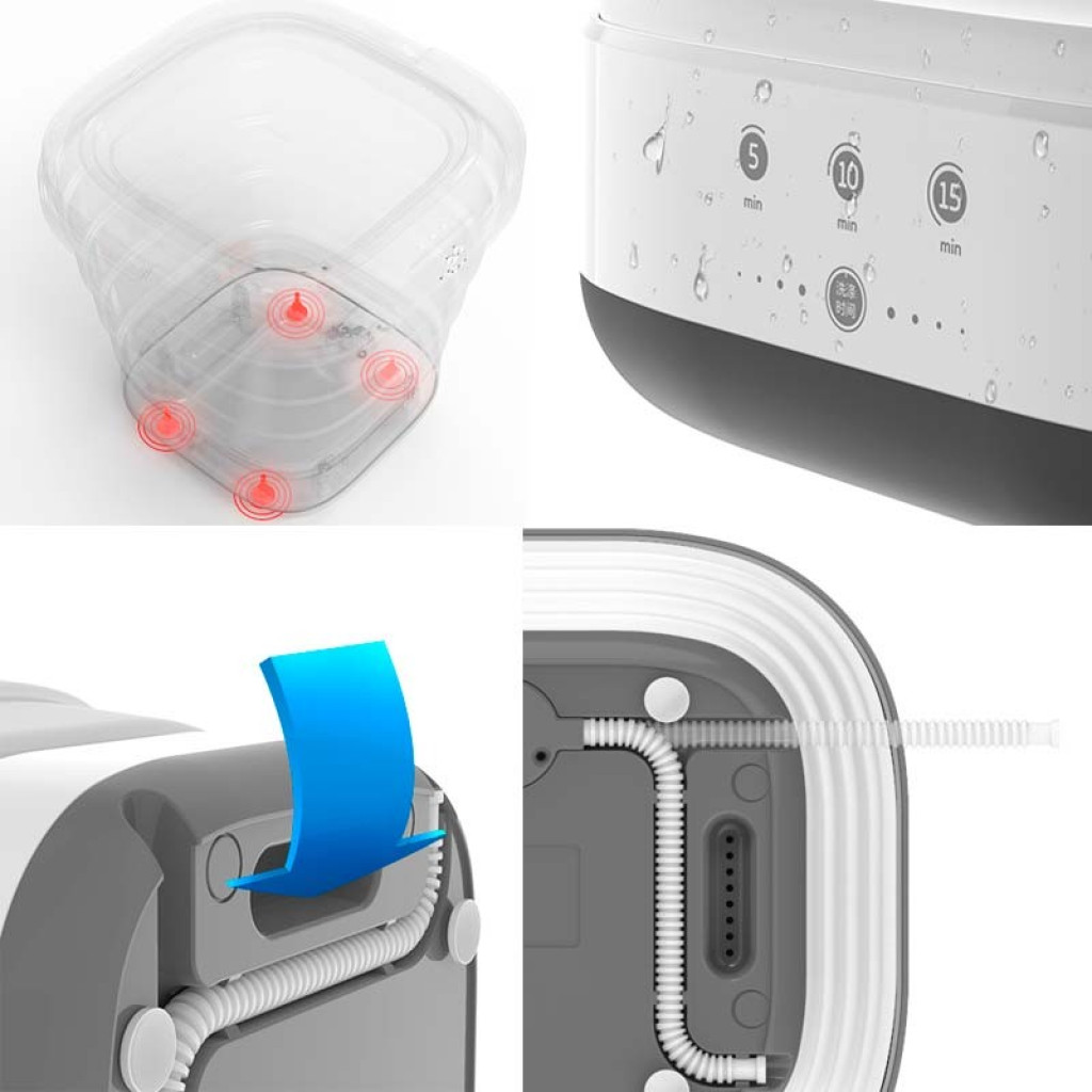 Mini Lavadora portátil Moyu XPB08-F1 Rosa Desprecintado; temporizador 5-10-15 min, diseño plegable, manguera integrada y botones visibles con indicadores