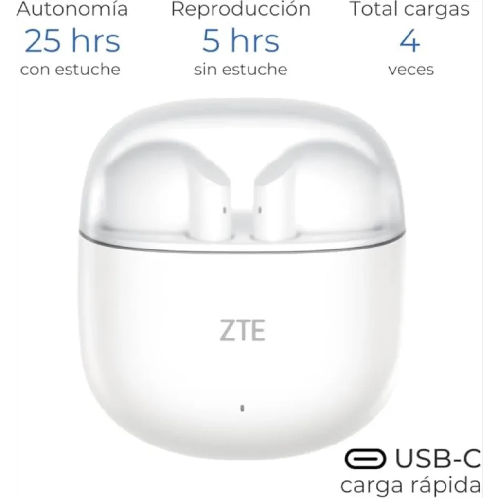 ZTE Buds 2 Branco com estojo compacto translúcido, earbuds intra-auriculares, USB-C carga rápida, até 23h de bateria e 5h por carga sem estojo