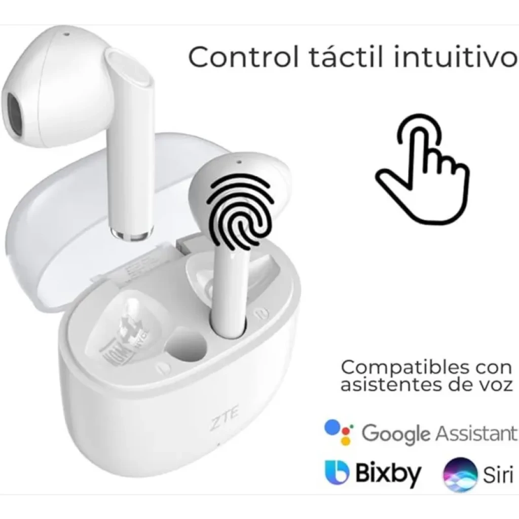 ZTE Buds 2 Branco com estojo compacto, acabamento brilhante, hastes com toque sensível, design intra-auricular e LEDs de status; suporte a assistentes de voz
