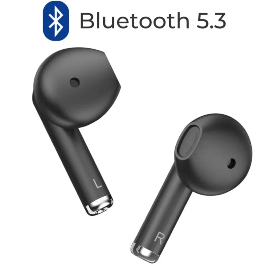 ZTE Buds 2 Preto Bluetooth 5.3, auriculares sem fios em formato open-fit, cor preta fosca, marcas L e R visíveis, hastes curtas e saídas metálicas brilhantes