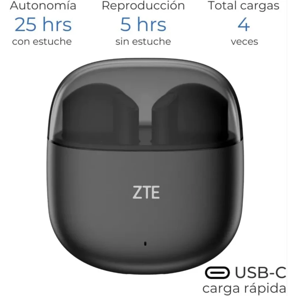 ZTE Buds 2 Preto Bluetooth 5.3 com estojo fosco compacto, tampa translúcida, earbuds intra-auriculares, USB-C, até 25h com estojo e 5h por carga