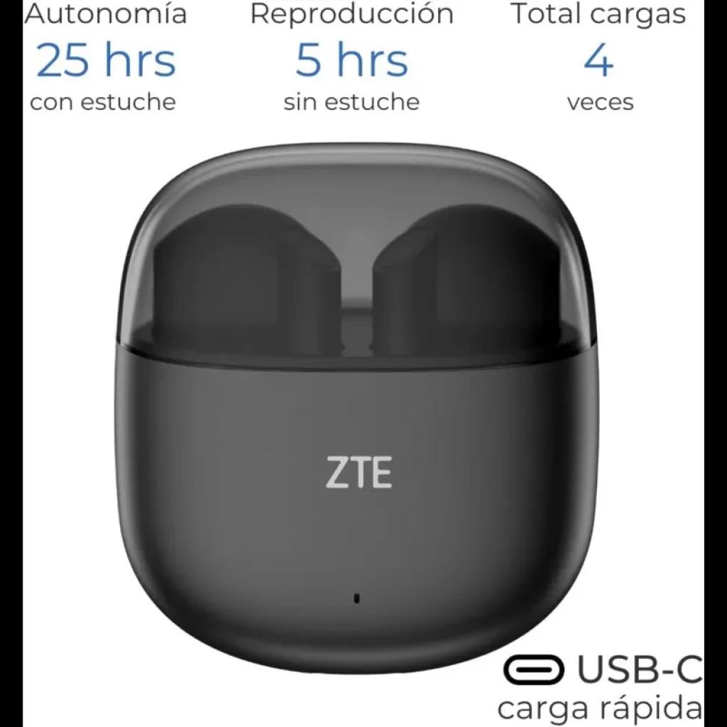 ZTE Buds 2 Preto Bluetooth 5.3 com estojo fosco compacto, tampa translúcida, earbuds intra-auriculares, USB-C, até 25h com estojo e 5h por carga
