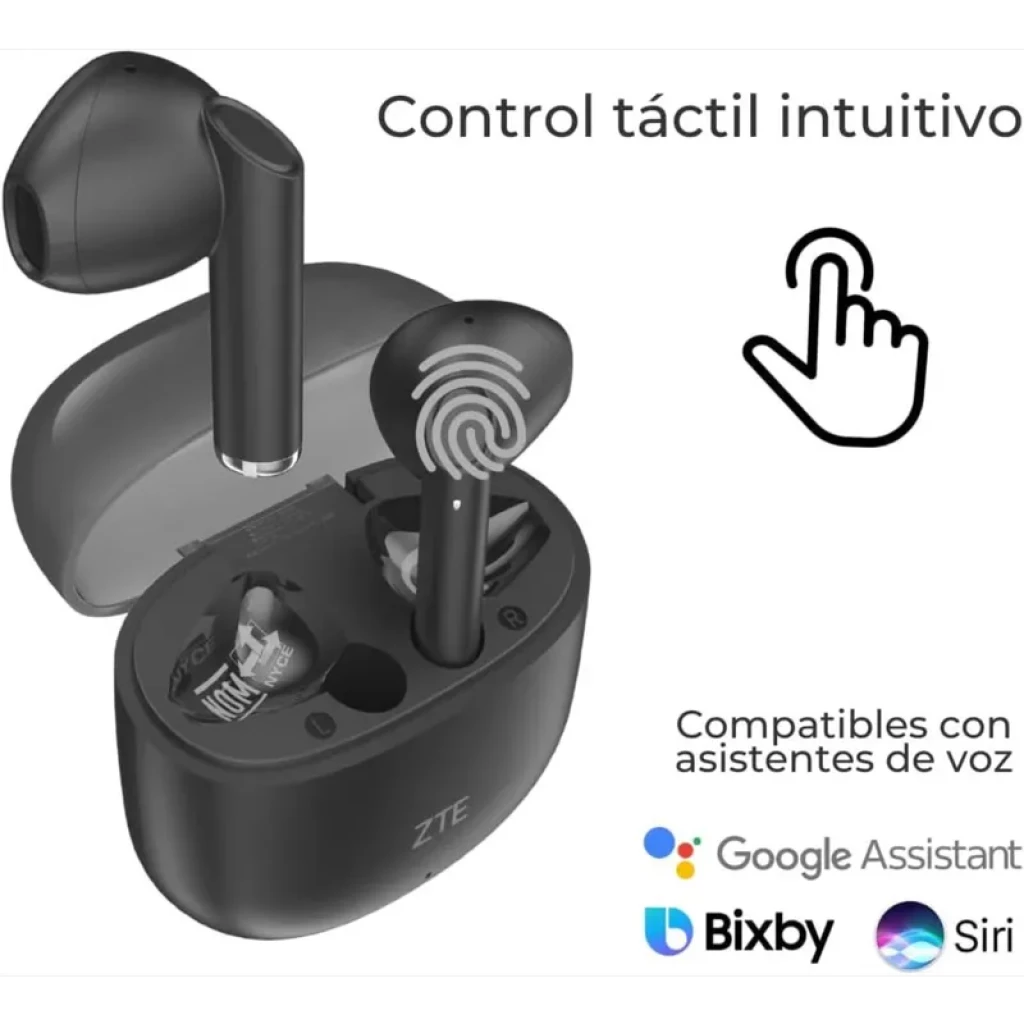 ZTE Buds 2 Preto Bluetooth 5.3 com caixa de carregamento, design intra-auricular, controle tátil intuitivo e compatíveis com Google Assistant, Bixby e Siri