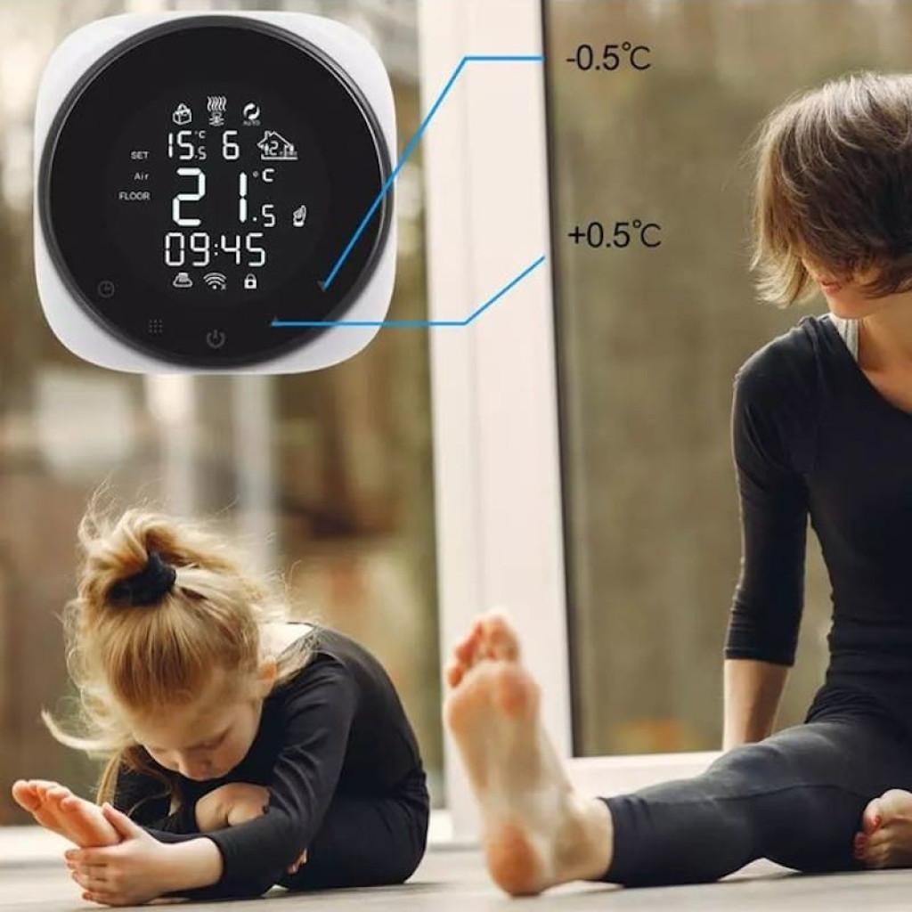 Termostato Inteligente Girier Caldera Eléctrica 16A Tuya Smart Desprecintado con pantalla táctil circular, LCD retroiluminada y lectura digital de temperatura