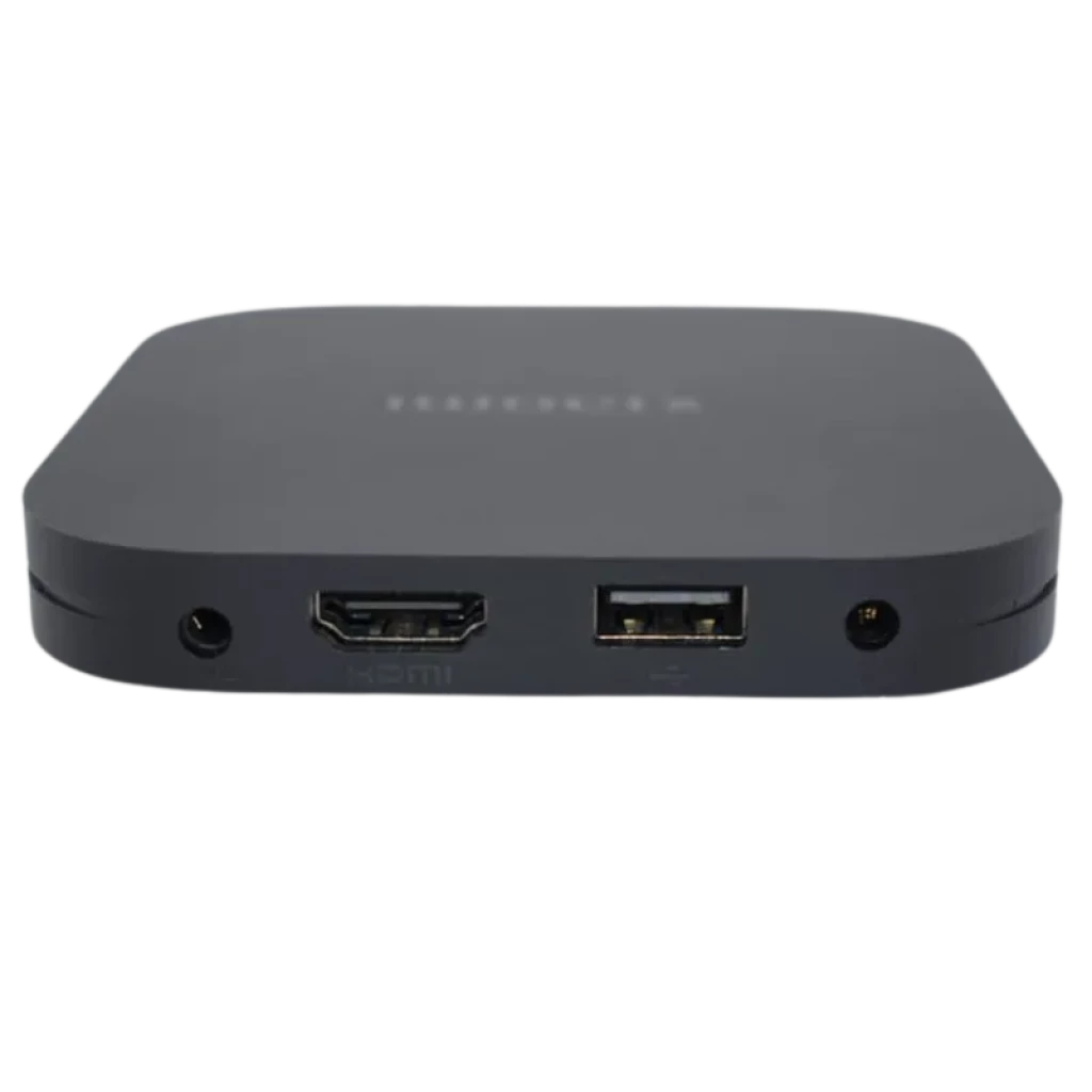 Xiaomi Mi TV Box S 2ª Gen 2GB/8GB en negro mate, vista frontal de puertos: jack AV, HDMI, USB y alimentación, diseño compacto con bordes redondeados