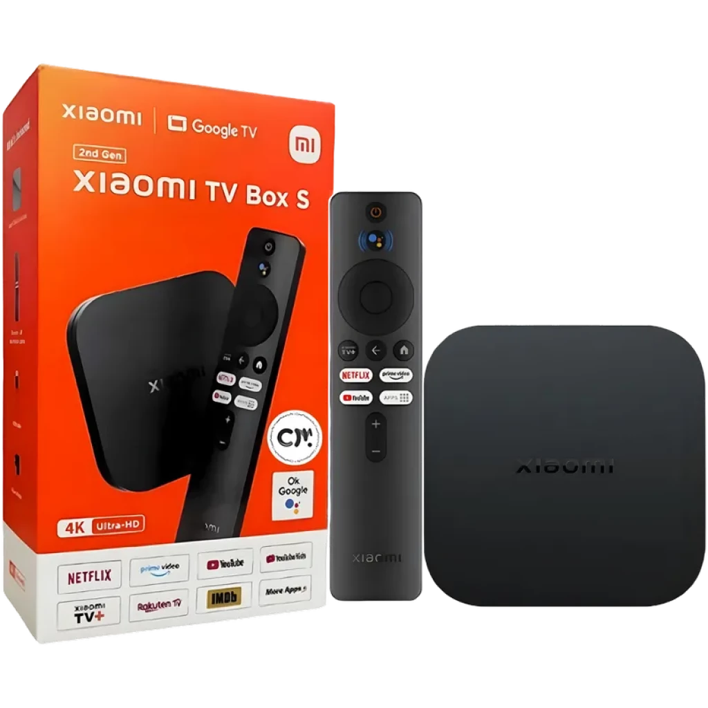 Xiaomi Mi TV Box S 2ª Geração 2GB/8GB com caixa laranja, box preta compacta e controle remoto com microfone, botões Netflix e YouTube, suporte 4K Ultra HD