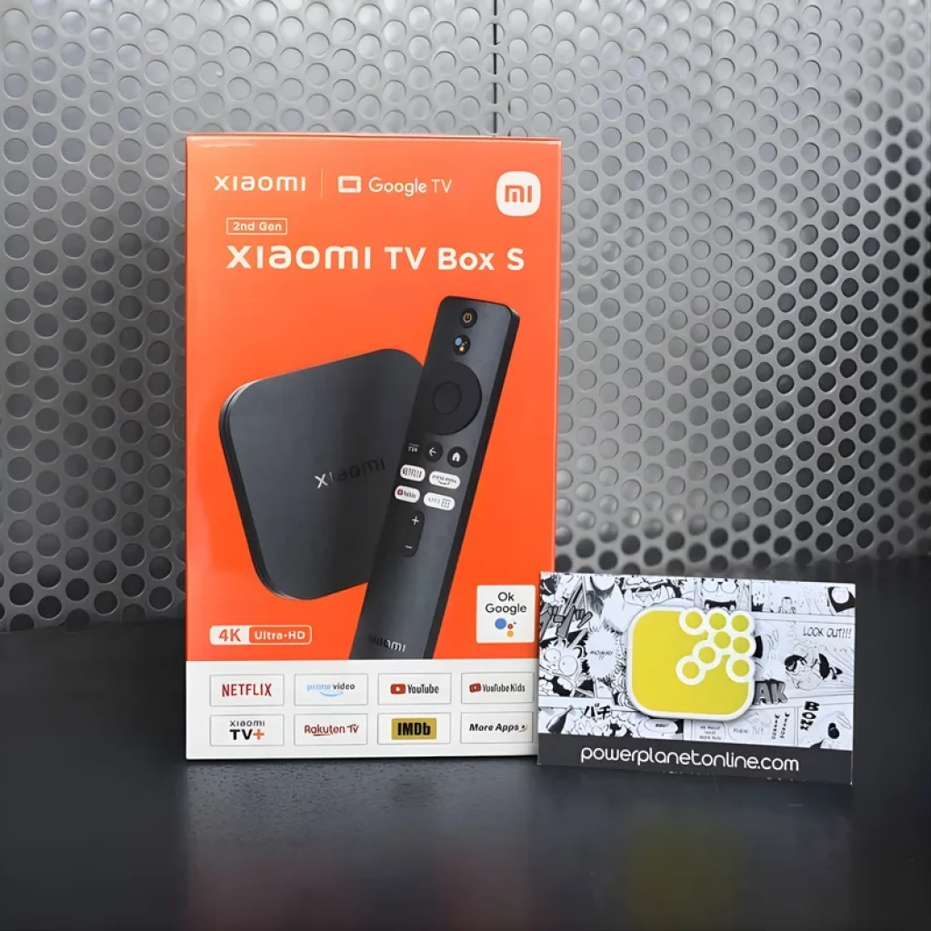 Xiaomi Mi TV Box S 2ª Geração 2GB/8GB com controle remoto, suporte 4K Ultra HD, Google TV, Google Assistant e apps como Netflix e YouTube.