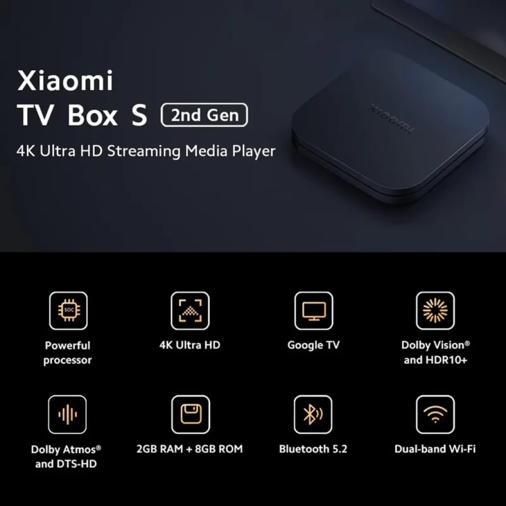 Xiaomi Mi TV Box S 2ª Geração 2GB/8GB, caixa preta compacta com cantos arredondados; ícones destacam 4K, Dolby Vision/Atmos, Google TV, Bluetooth 5.2,
