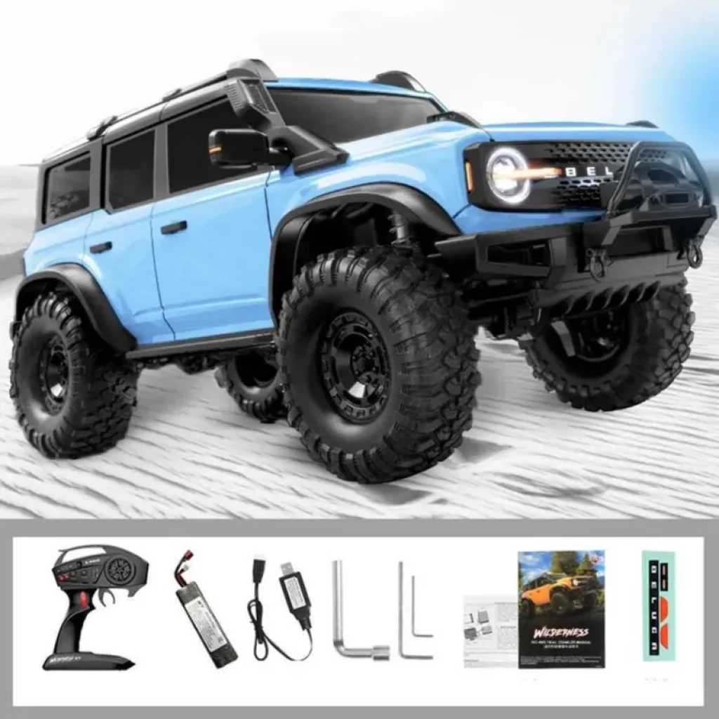 HB-R1003 1/10 Bleu – Voiture RC tout-terrain, carrosserie bleue, pneus larges crantés, phares LED, pare-chocs renforcé, télécommande et accessoires inclus