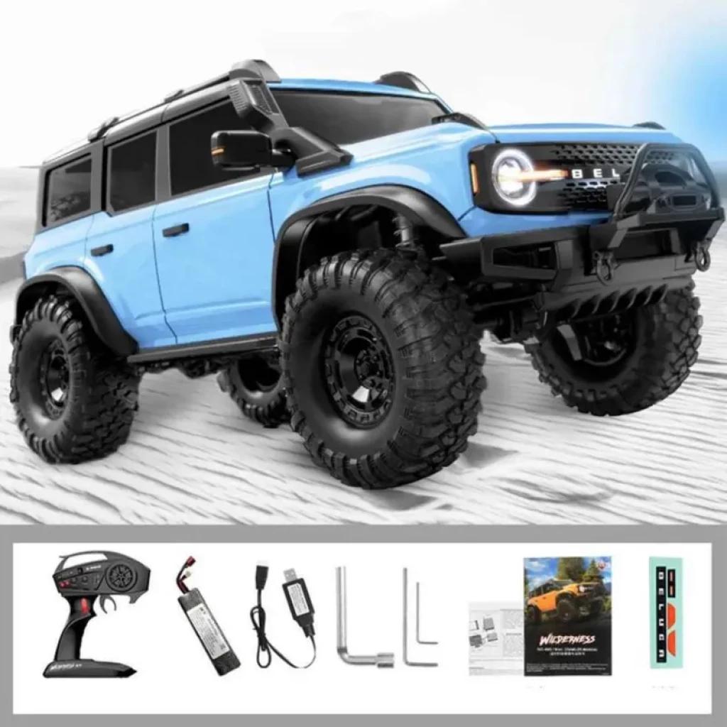HB-R1003 1/10 Bleu – Voiture RC tout-terrain, carrosserie bleue, pneus larges crantés, phares LED, pare-chocs renforcé, télécommande et accessoires inclus