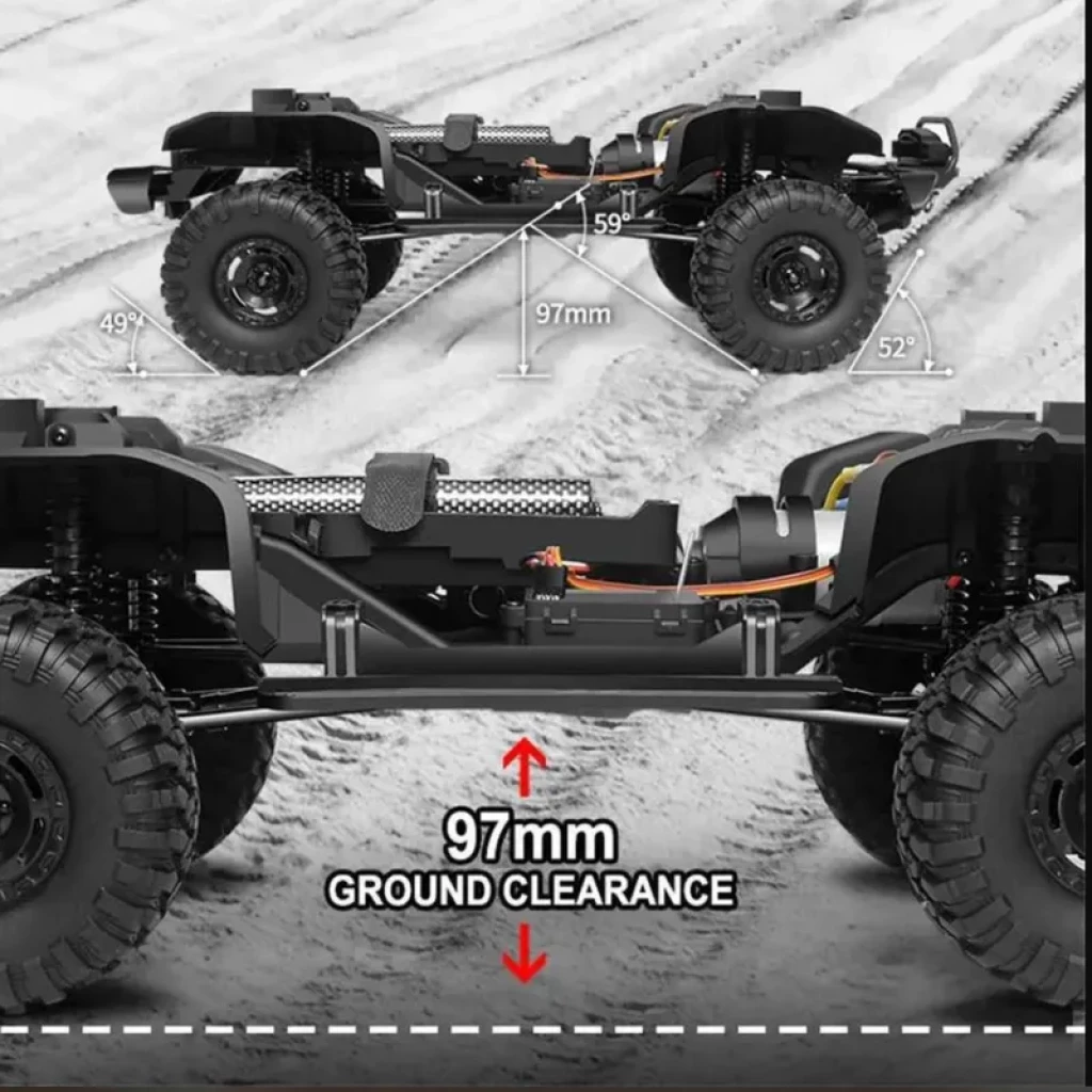 HB-R1003 1/10 Bleu – Châssis RC avec gros pneus crantés, suspension articulée, angles 49°/59°/52°, garde au sol 97 mm, transmissions et câblage