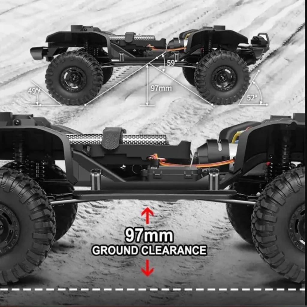 HB-R1003 1/10 Bleu – Châssis RC avec gros pneus crantés, suspension articulée, angles 49°/59°/52°, garde au sol 97 mm, transmissions et câblage