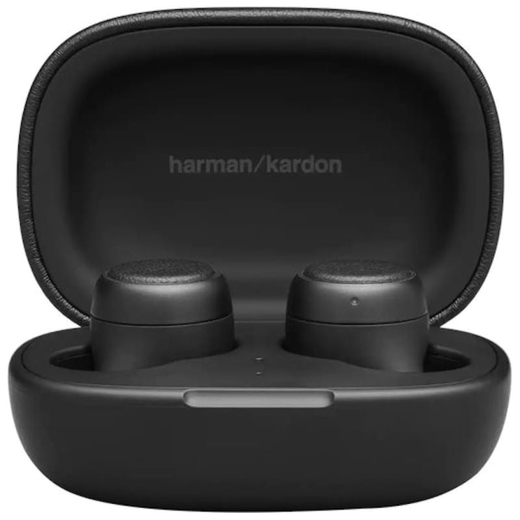 Harman Kardon FLY TWS Écouteurs Bluetooth noir avec boîtier de charge compact, finition mate, voyants LED frontaux et embouts arrondis ergonomiques
