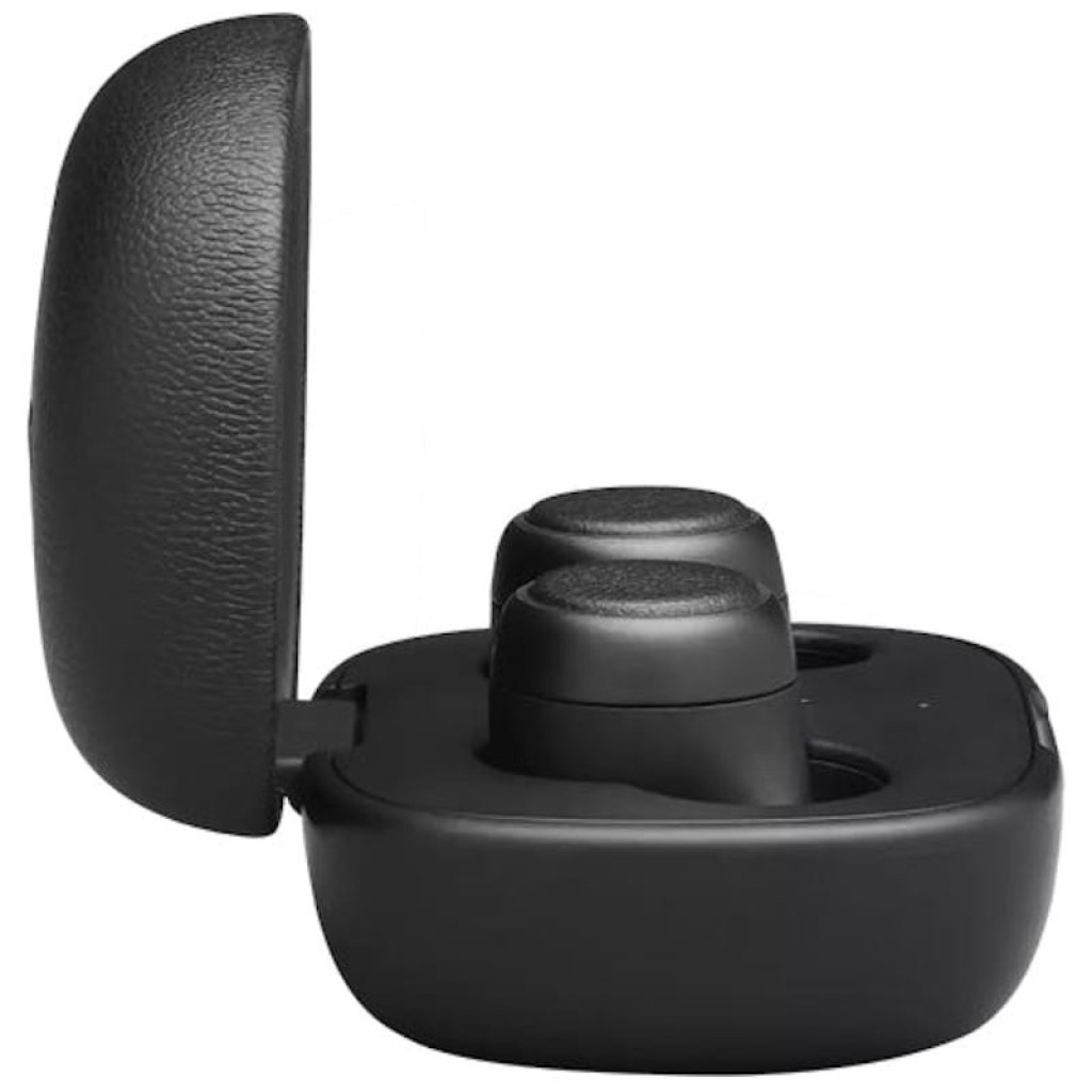 Harman Kardon FLY TWS Écouteurs Bluetooth Déscellés, boîtier de charge noir mat avec couvercle texturé, deux oreillettes compactes ajustées dans l’étui