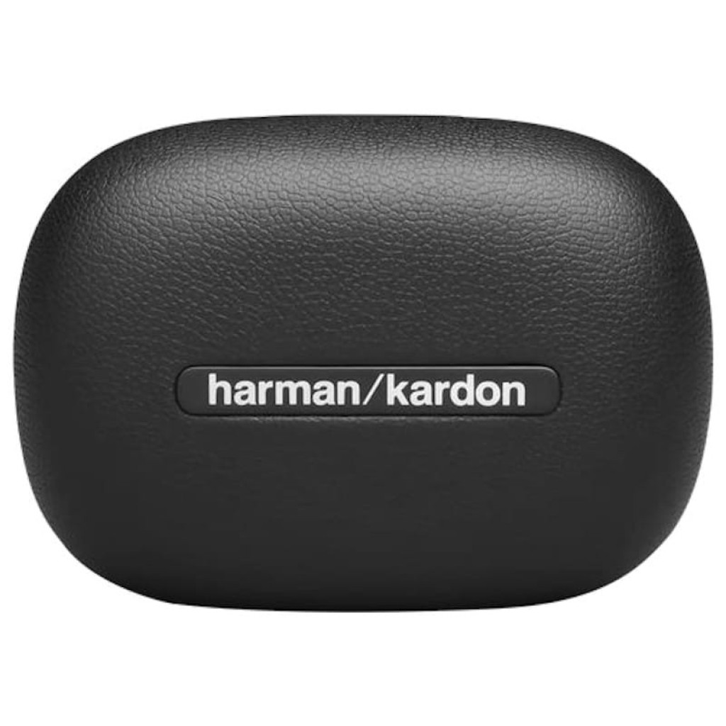 Boîtier de charge noir texturé Harman Kardon avec logo central blanc, forme ovale compacte, finition mate élégante pour FLY TWS déscellés