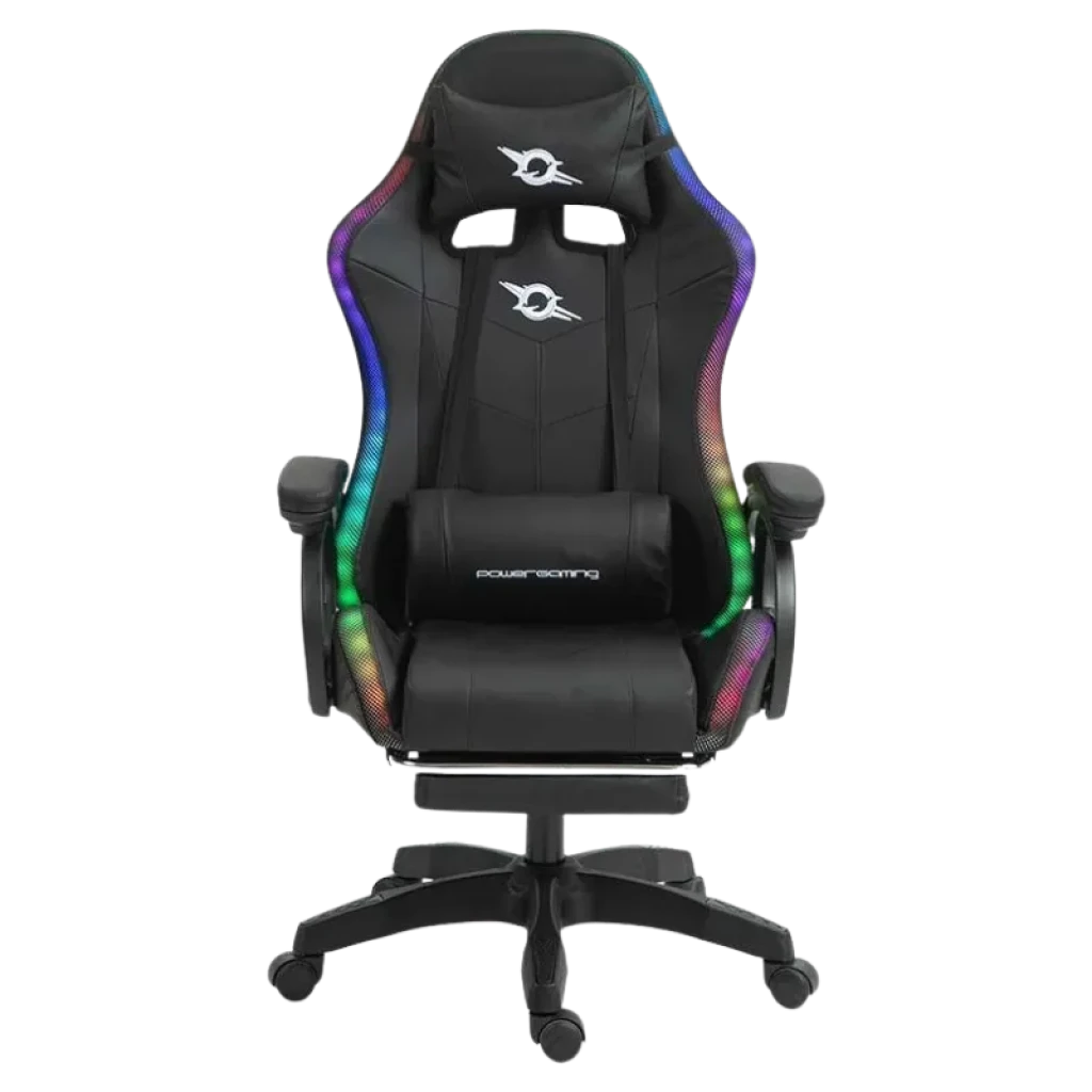 Silla gaming negra con iluminación LED RGB perimetral, cojín lumbar, reposacabezas bordado, reposabrazos ajustables, base con ruedas y reposapiés extensible