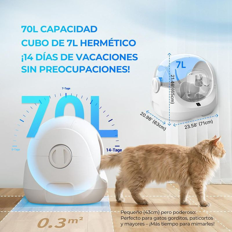 Arenero Autolimpiable Catlink Baymax Scooper SE Blanco con cubo hermético de 7 L, diseño esférico compacto, pantalla frontal y entrada amplia para gatos