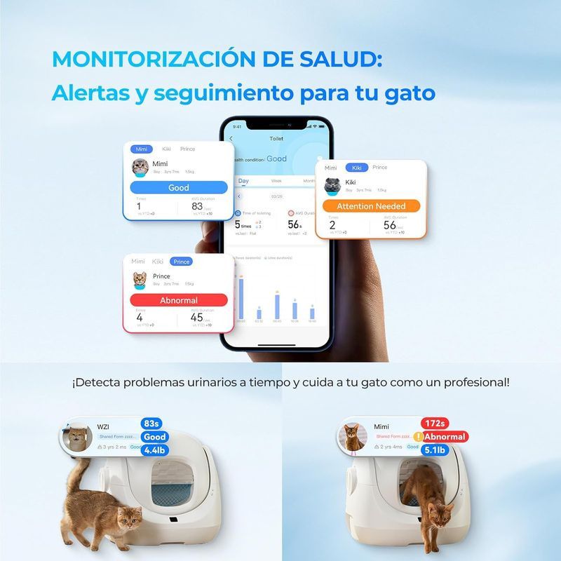 Arenero Autolimpiable Catlink Baymax Scooper SE Blanco con cabina cerrada, pantalla y app que muestra alertas de salud, peso y uso para tu gato