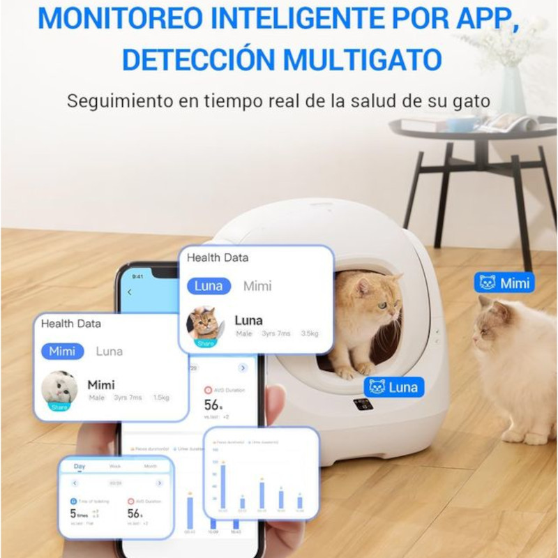Arenero Autolimpiable Catlink Baymax Scooper SE Blanco con cabina esférica, entrada amplia, panel táctil y app móvil para monitoreo y multigato