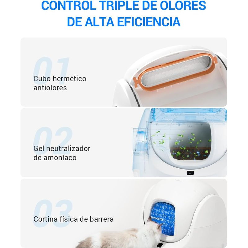 Arenero Autolimpiable Catlink Baymax Scooper SE Blanco con cubo hermético antilores, gel neutralizador de amoníaco y cortina azul de barrera