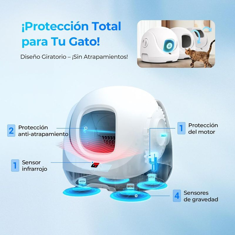 Arenero Autolimpiable Catlink Baymax Scooper SE Blanco con diseño esférico, puerta frontal ovalada, panel lateral transparente y sensores inferiores azules