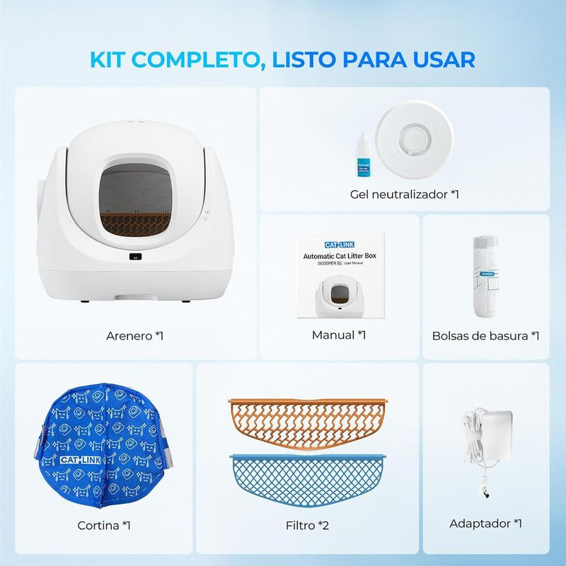 Arenero Autolimpiable Catlink Baymax Scooper SE Blanco con entrada frontal; incluye gel neutralizador, manual, bolsas, cortina, filtro, rejilla y adaptador