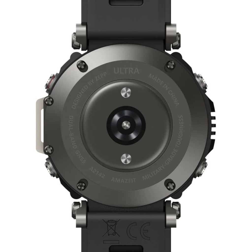 Amazfit T-Rex Ultra Negro desprecintado, vista trasera del reloj: carcasa robusta, sensor óptico central, tornillos visibles y correa de silicona negra