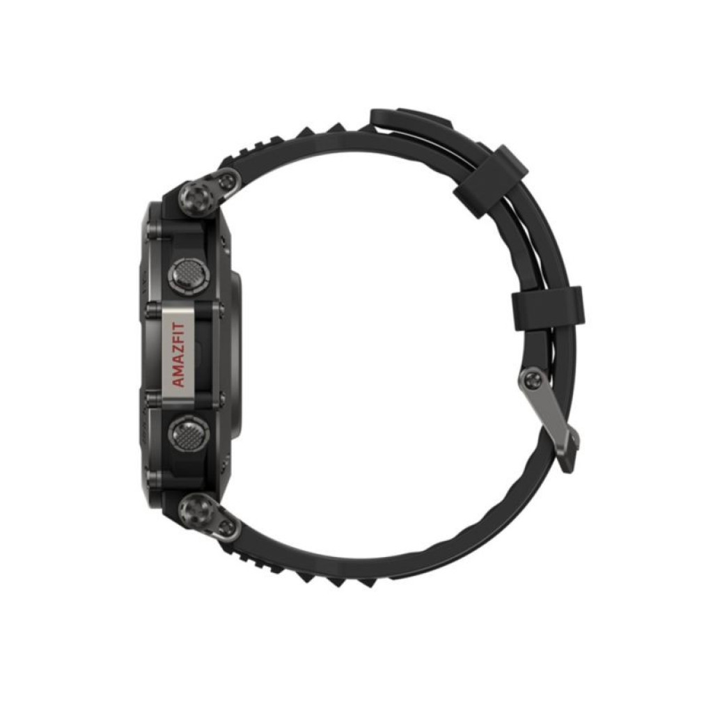 Amazfit T-Rex Ultra Negro desprecintado, caja robusta negra, perfil lateral con botones metálicos, correa de silicona ajustable y hebilla resistente