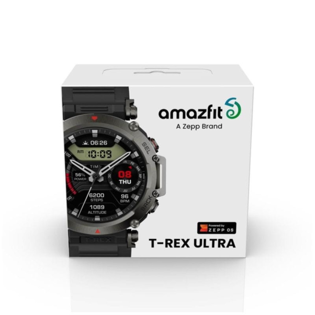 Amazfit T-Rex Ultra Negro desprecintado, caja con imagen del reloj robusto, bisel metálico, correa negra, pantalla circular con métricas deportivas y GPS