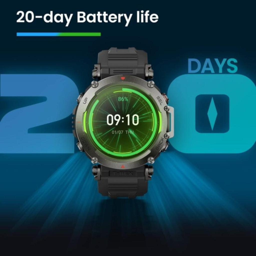 Amazfit T-Rex Ultra Negro desprecintado, reloj robusto con bisel metálico, correa negra, esfera verde brillante y autonomía destacada de 20 días