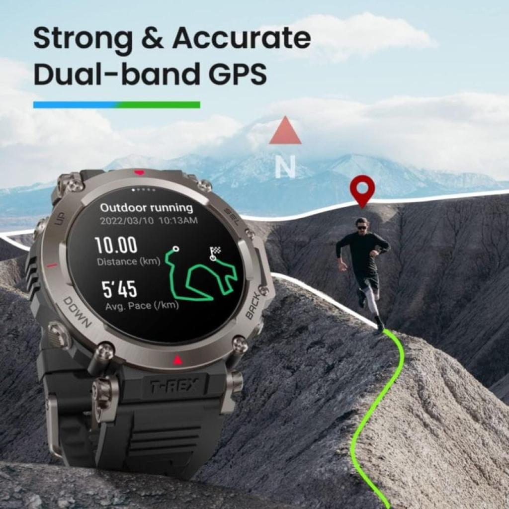 Amazfit T-Rex Ultra Negro desprecintado, reloj inteligente robusto con correa negra, bisel metálico, botones físicos y pantalla que muestra GPS de doble banda