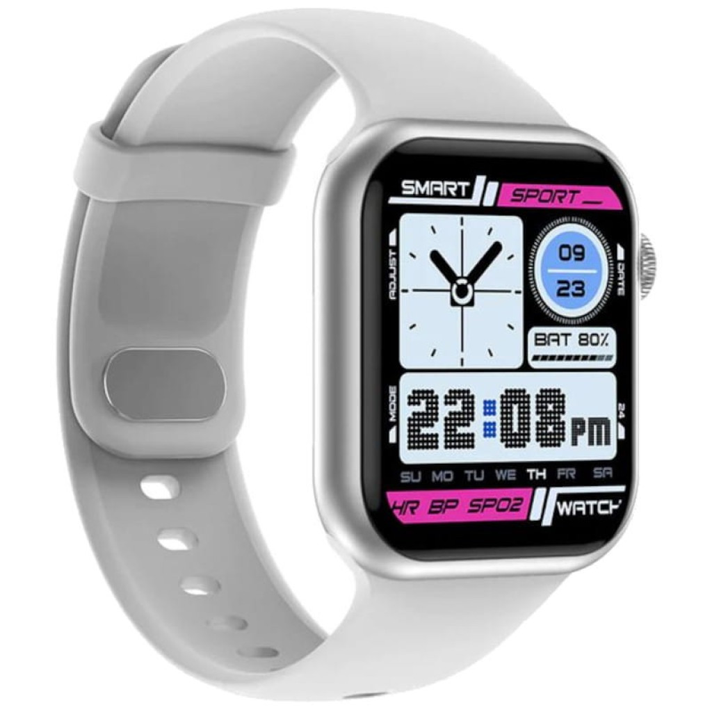 Kumi KU3 Meta Plata Smartwatch desprecintado con correa gris, pantalla rectangular a color, marcos curvos y esferas deportivas con métricas HR, BP y SpO2