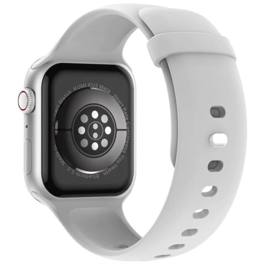 Kumi KU3 Meta Plata Smartwatch desprecintado con caja plateada, correa blanca de silicona y sensor óptico circular trasero con múltiples LEDs y contactos